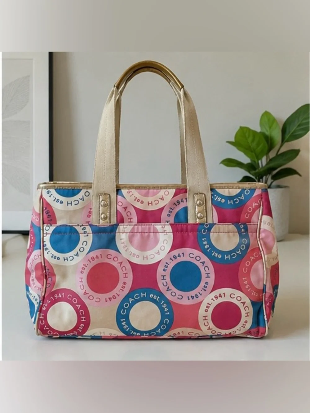 Coach Pink Blue Circle Print Tote Bag Y2K Est. 1941
